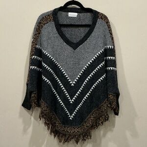 Dreamers Charcoal, Gray & Brown V-Neck Fringe Poncho Sweater